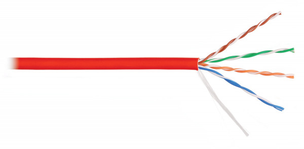 Кабель витая пара Nikolan, U/UTP, 4 пар., кат. 5е, проводник Ø 0,55мм, AWG24, LSZH (нг(A)-HF), 100МГц, 1м (барабан 305м), тип прокладки: внутри зданий, цвет: красный