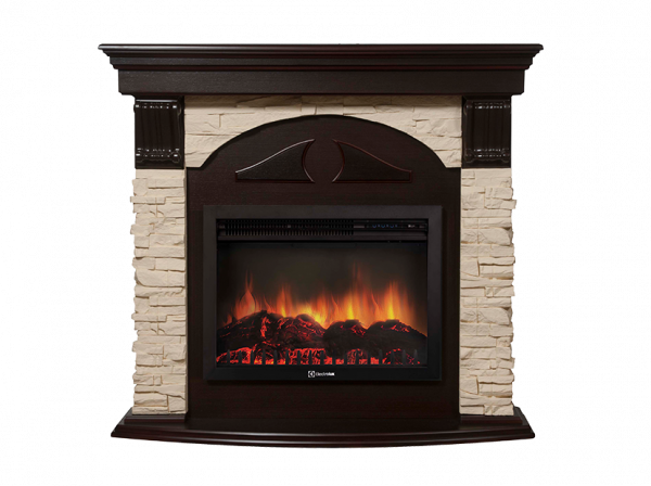 Электрокамин с широким очагом 2D Electrolux EFP/P-2520LS с порталом Firelight Torre 25U (угловой) камень белый, шпон темный дуб