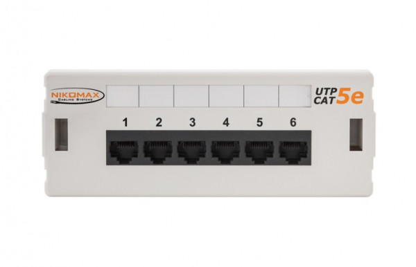 Коммутационная патч-панель Nikomax, настенная, 0,5HU, портов: 6хRJ45/8P8C, кат. 5е, неэкр., цвет: белый, (NMC-WP06UD2-GY)