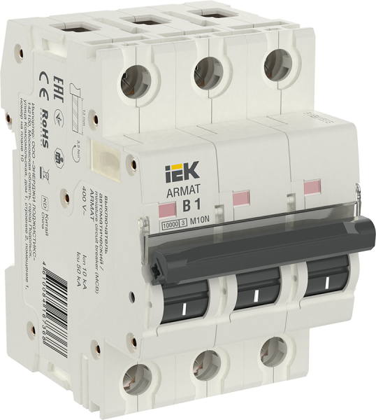 Автоматический выключатель IEK ARMAT, 3 модуль, B класс, 3P, 1А, 10кА, (AR-M10N-3-B001)