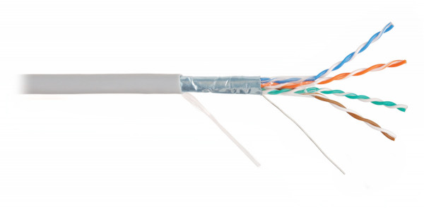 Кабель витая пара Nikolan, F/UTP, 4 пар., кат. 5е, проводник Ø 0,5мм, AWG24, PVC, 100МГц, 1м (барабан 305м), тип прокладки: внутри зданий, цвет: серый