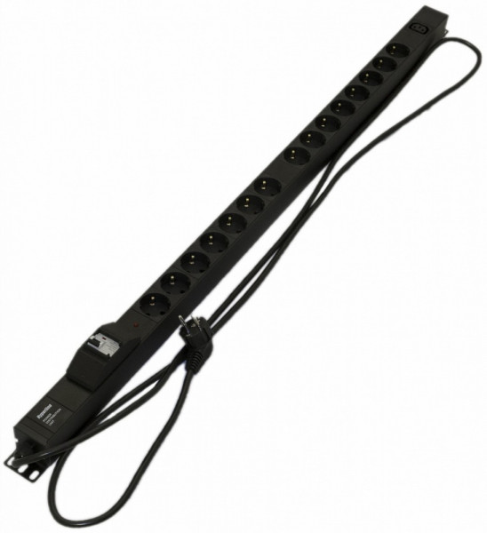 Блок силовых розеток Hyperline SHE-(XX)SH-(X)IEC, вертикальный, неуправляемый, IEC 60320 С13 х 3, Shuko х 15, вход Schuko, 19", шнур 2,5 м, 1040х44,4х44,4 мм (ВхШхГ), 16А, выключатель, чёрный