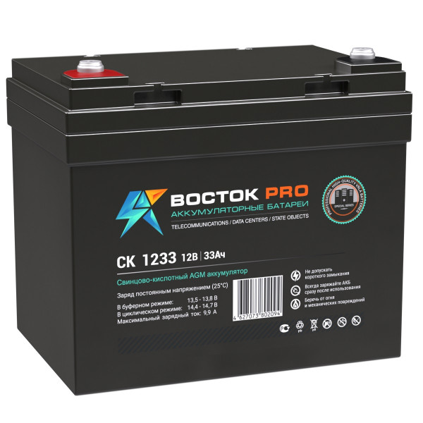 Аккумулятор для ИБП ВОСТОК СК, 155х130х195 мм (ВхШхГ),  необслуживаемый свинцово-кислотный,  12V/33 Ач, цвет: чёрный, (СК 1233)