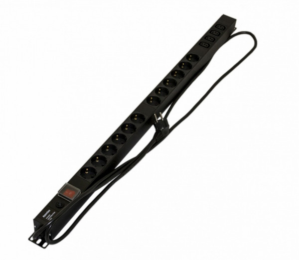 Блок силовых розеток Hyperline SHE-(XX)SH-(X)IEC, вертикальный, неуправляемый, IEC 60320 С13 х 4, Shuko х 12, вход Schuko, 19", шнур 2,5 м, 950мм 16А, выключатель, чёрный