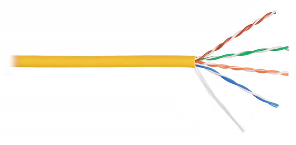 Кабель витая пара Nikolan, U/UTP, 4 пар., кат. 5е, проводник Ø 0,55мм, AWG24, LSZH (нг(A)-HF), 100МГц, 1м (барабан 305м), тип прокладки: внутри зданий, цвет: жёлтый