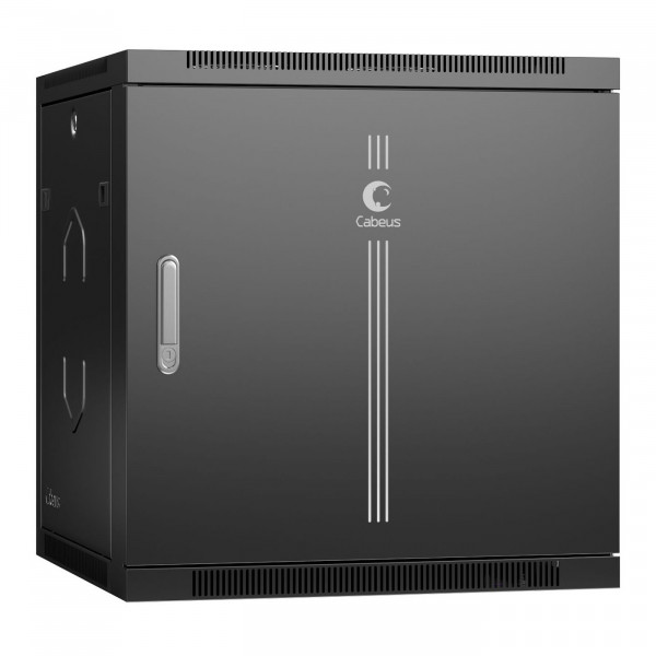 Шкаф телекоммуникационный настенный Cabeus SH-05F, 19", 12U, 635х600х600 мм (ВхШхГ), дверь: металл, боковая панель: сплошная съемная, сварной, цвет: чёрный, (съемная панель для крепления шкафа к стене)