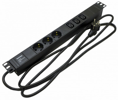 Блок силовых розеток Hyperline SHE19-(X)SH-(X)IEC, горизонтальный, неуправляемый, IEC 60320 С13 х 3, Shuko х 3, вход Schuko, 19", шнур 2,5 м, 1U, 482,6мм 16А, чёрный