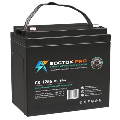 Аккумулятор для ИБП ВОСТОК СК, 229х138х198 мм (ВхШхГ),  необслуживаемый свинцово-кислотный,  12V/55 Ач, цвет: чёрный, (СК 1255)
