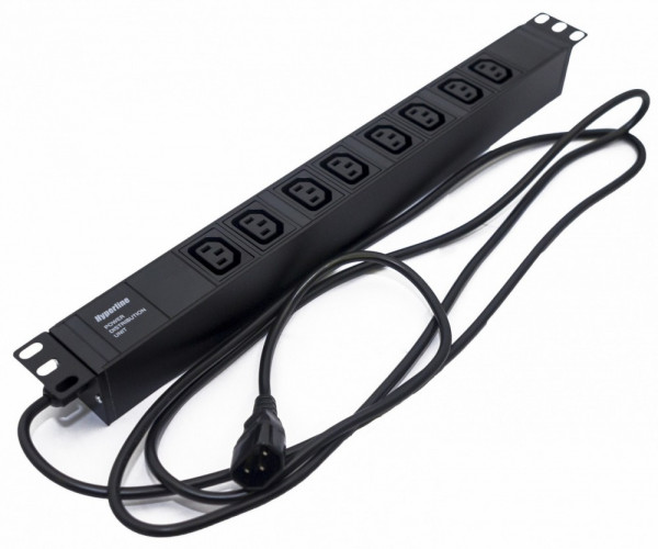 Блок силовых розеток Hyperline SHE19-(XX)IEC, горизонтальный, неуправляемый, IEC 60320 С13 х 8, вход IEC 60320 C14, 19", шнур 2,5 м, 1U, 482,6мм 10А, чёрный