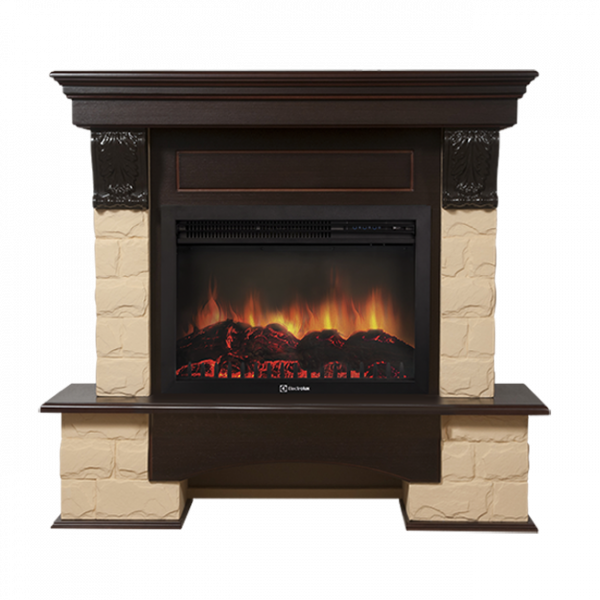 Электрокамин с широким очагом 2D Electrolux EFP/P-2520LS с порталом Firelight Forte 25 U (угловой) камень бежевый, темный дуб