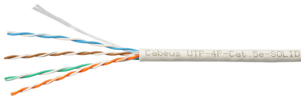 Кабель витая пара Cabeus, U/UTP, 4 пар., кат. 5е, проводник Ø 0,5мм, AWG24, нг(А)-LSLTx, 100МГц, 1м (коробка 305м), тип прокладки: внутри зданий, цвет: серый
