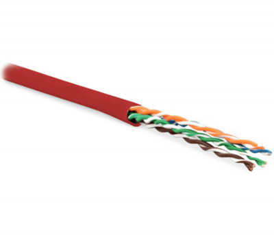 Кабель витая пара Hyperline UUTP4-C6-P24-NCR-IN-PVC, U/UTP, 4 пар., кат. 6, проводник Ø 0,61мм, AWG24, PVC, 100МГц, 1м (100м), тип прокладки: внутри зданий, цвет: красный