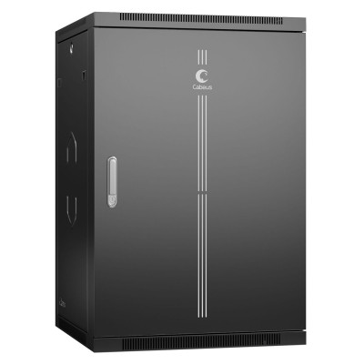 Шкаф телекоммуникационный настенный Cabeus SH-05F, 19", 18U, 901х600х600 мм (ВхШхГ), дверь: металл, боковая панель: сплошная съемная, сварной, цвет: чёрный, (съемная панель для крепления шкафа к стене)
