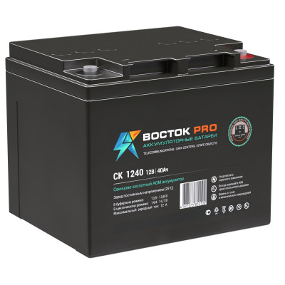 Аккумулятор для ИБП ВОСТОК СК, 170х166х198 мм (ВхШхГ),  необслуживаемый свинцово-кислотный,  12V/40 Ач, цвет: чёрный, (СК 1240)