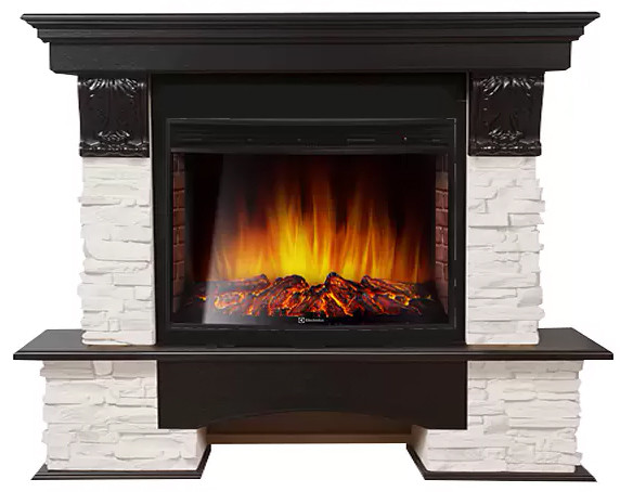 Электрокамин с широким очагом 2D Electrolux EFP/P-2720RLS с порталом Firelight Pietra Nuovo 25 камень сланец белый, шпон темный дуб