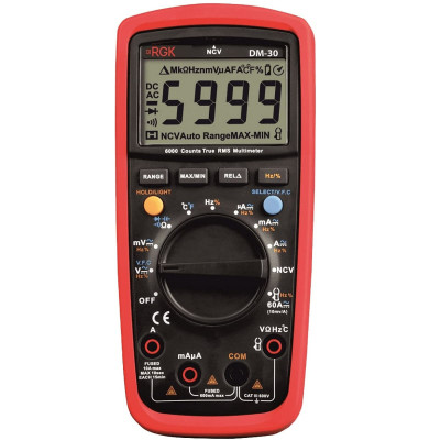 Мультиметр RGK, (DM-30 + поверка), электрический, с дисплеем, питание: батарейки, корпус: пластик, с датчиком температуры, (779654)
