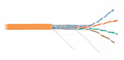 Кабель витая пара Nikolan, F/UTP, 4 пар., кат. 5е, проводник Ø 0,55мм, AWG24, LSZH (нг(A)-HF), 100МГц, 1м (барабан 305м), с разрывной нитью, тип прокладки: внутри зданий, цвет: оранжевый