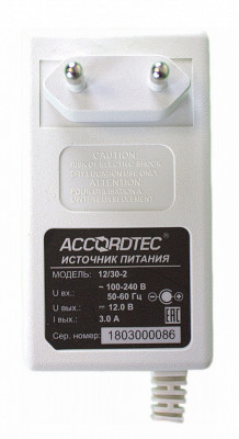 Блок питания AccordTec, пластик, цвет: белый, AT-12/30-2 для СКУД, контроля доступа, для видео, ОПС, помещения, (AT-02360)