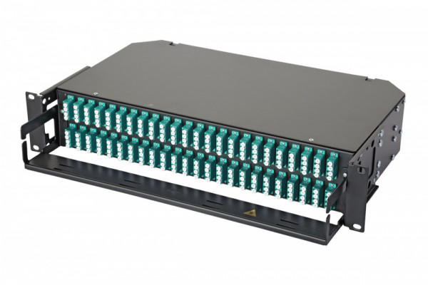 Коммутационная панель ВО Eurolan 47E-48, 2HU, портов: 48 LC (Quatro) OM3, установлено адаптеров: 12 невыдвижная, орг-йзер: предустановлен, цвет: чёрный, цвет адаптеров: бирюзовый, монтажные шнуры, КДЗС