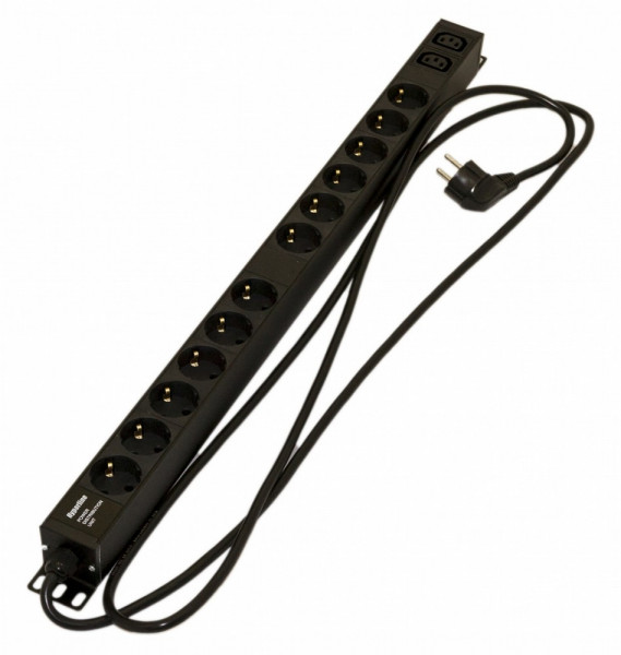 Блок силовых розеток Hyperline SHE-(XX)SH-(X)IEC, вертикальный, неуправляемый, IEC 60320 С13 х 2, Shuko х 12, вход Schuko, 19", шнур 2,5 м, 730х44,4х44,4 мм (ВхШхГ), 16А, чёрный