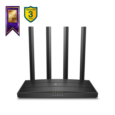 Маршрутизатор TP-Link, портов: 5, LAN: 4, WAN: 1, скорость мб/с: 1 167, антенн: 4, USB: Нет, 32х215х117 мм (ВхШхГ), цвет: чёрный, Archer A6