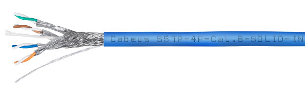 Кабель витая пара Cabeus, S/FTP, 4 пар., кат. 8, проводник Ø 0,59мм, AWG23, LSZH (нг(A)-HF), 1м (барабан 100м), тип прокладки: внутри зданий, цвет: синий