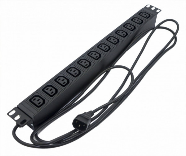 Блок силовых розеток Hyperline SHE19-(XX)IEC, горизонтальный, неуправляемый, IEC 60320 С13 х 12, вход IEC 60320 C14, 19", шнур 2,5 м, 1U, 482,6мм 10А, чёрный