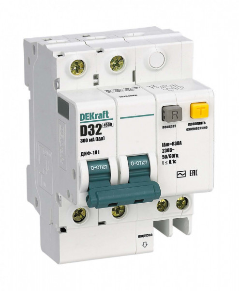 Автоматический выключатель с дифференциальным током DEKraft ДИФ-101, тип: AC, 7 модуль, D класс, 2Р, 32А/30мА,  (15134DEK)