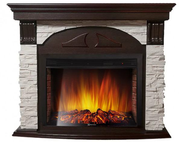 Электрокамин с широким очагом 2D Electrolux EFP/P-2720RLS с порталом Firelight Torre 25U (угловой) камень белый, шпон темный дуб