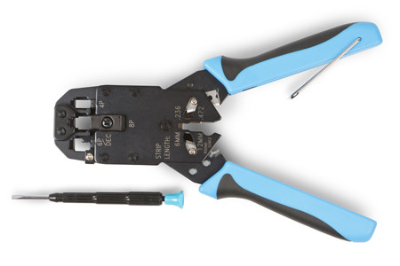 Инструмент для обжима проводников Hyperline, RJ-45, RJ-12, RJ-11 (8P8C, 6P6C, 6P4C, 4P4C), профессиональный, с храповым механизмом, (HT-2008AR)