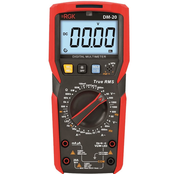 Мультиметр RGK, (DM-20), электрический, с дисплеем, питание: батарейки, корпус: пластик, (776455)