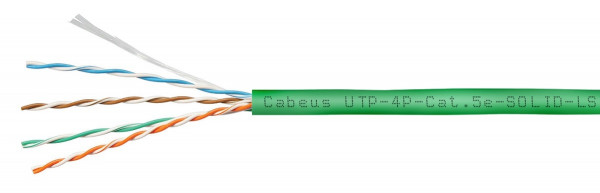 Кабель витая пара Cabeus, U/UTP, 4 пар., кат. 5е, проводник Ø 0,5мм, AWG24, LSZH, 100МГц, 1м (коробка 305м), тип прокладки: внутри зданий, цвет: зелёный