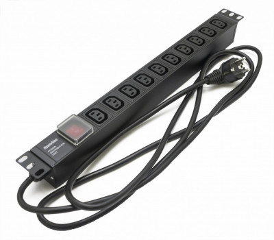 Блок силовых розеток Hyperline SHE19-(XX)IEC, горизонтальный, неуправляемый, IEC 60320 С13 х 10, вход Schuko, 19", шнур 2,5 м, 1U, 482,6мм 10А, выключатель, чёрный