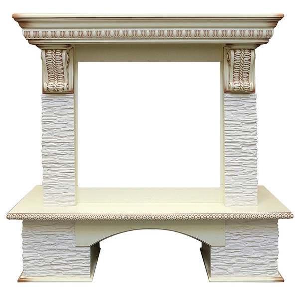 Широкий портал Royal Flame Pierre Luxe сланец мелкий белый под очаг Vision 23 LED FX Cлоновая кость с красной патиной