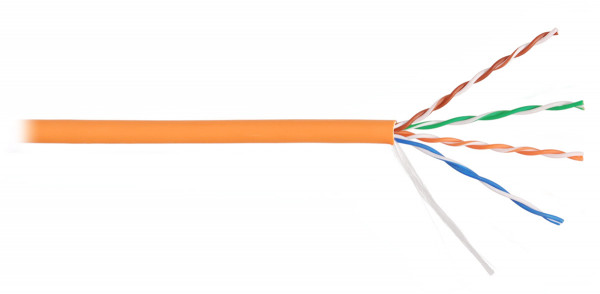 Кабель витая пара Nikolan, U/UTP, 4 пар., кат. 5е, проводник Ø 0,5мм, AWG24, LSZH (нг(A)-HF), 100МГц, 1м (коробка 100м), с разрывной нитью, тип прокладки: внутри зданий, цвет: оранжевый