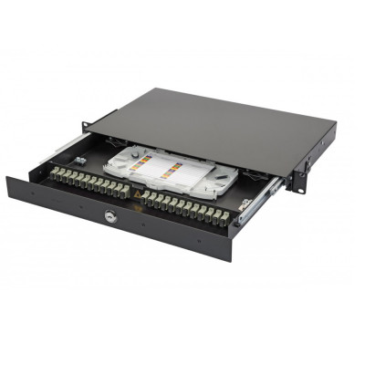 Коммутационная панель ВО Eurolan 47D-24, 1HU, портов: 24 SC OM2, установлено адаптеров: 24 выдвижная, прямая, цвет: чёрный, монтажные шнуры и КДЗС