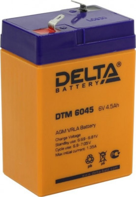 Аккумулятор для ИБП Delta Battery DTM, 107х47х70 мм (ВхШхГ),  Необслуживаемый свинцово-кислотный,  6V/4,5 Ач, цвет: оранжевый, (DTM 6045)