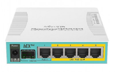 Маршрутизатор Mikrotik, HEX PoE, портов: 5, LAN: 4, USB: Да, 52х125х225 мм (ВхШхГ), цвет: белый, 802.3af/at, SFP порт, RB960PGS-PB