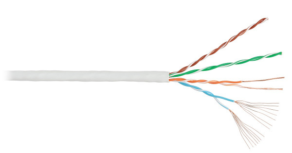 Кабель витая пара Nikolan, U/UTP, 4 пар., кат. 5е, проводник Ø 0,7мм, AWG24, LSZH (нг(A)-HF), 100МГц, 1м (барабан 305м), тип прокладки: внутри зданий, цвет: серый