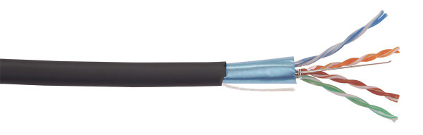 Кабель витая пара ITK, F/UTP, 4 пар., кат. 5е, проводник Ø 0,48мм, AWG24, LDPE, 100МГц, 1м (катушка 305м), (дренажный провод, рипкорд), тип прокладки: снаружи зданий, цвет: чёрный