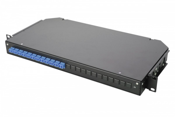 Коммутационная панель ВО Eurolan 47C-24, 1HU, портов: 24 LC/UPC (Duplex) OS2, установлено адаптеров: 4 невыдвижная, прямая, орг-йзер: предустановлен, цвет: чёрный, монтажные шнуры, КДЗС