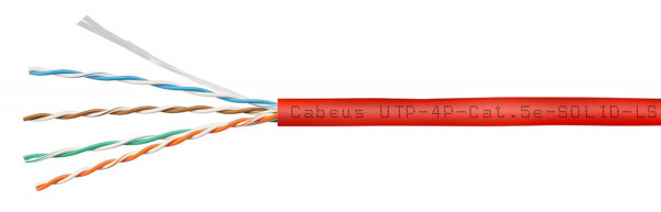 Кабель витая пара Cabeus, U/UTP, 4 пар., кат. 5е, проводник Ø 0,5мм, AWG24, LSZH (нг(A)-HF), 100МГц, 1м (коробка 305м), тип прокладки: внутри зданий, цвет: красный