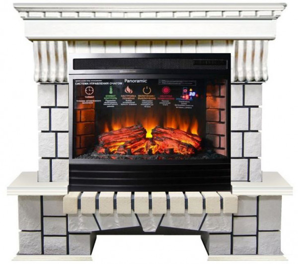 Электрокамин с широким очагом 2D InterFlame Экстер (белый) с очагом Panoramic 25 LED FX