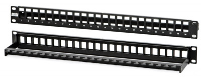 Коммутационная патч-панель Hyperline, 19", 1HU, портов: 24 х keystone, кат. 5-7A, с задним кабельным организатором (без модулей), цвет: чёрный, (PPBL3-19-24S-RM)