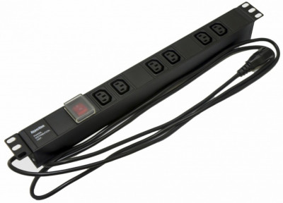 Блок силовых розеток Hyperline SHE19-(XX)IEC, горизонтальный, неуправляемый, IEC 60320 С13 х 6, вход IEC 60320 C14, 19", шнур 2,5 м, 1U, 482,6мм 10А, выключатель, чёрный