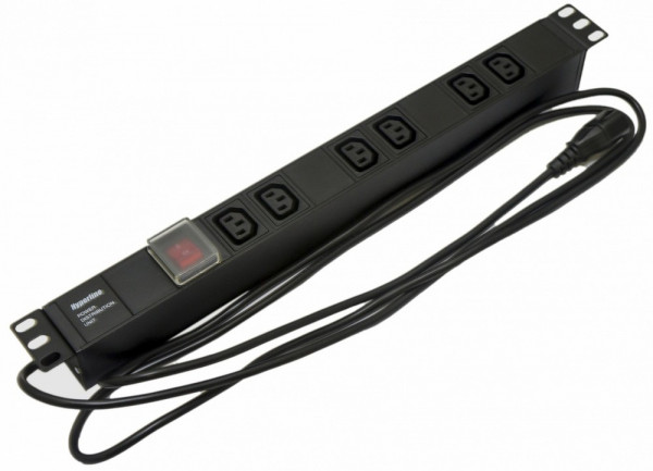 Блок силовых розеток Hyperline SHE19-(XX)IEC, горизонтальный, неуправляемый, IEC 60320 С13 х 6, вход IEC 60320 C14, 19", шнур 2,5 м, 1U, 482,6мм 10А, выключатель, чёрный