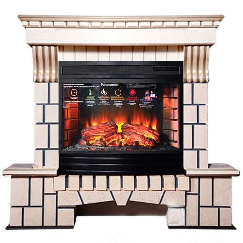 Электрокамин с широким очагом 2D InterFlame Экстер (бежевый с золотой патиной) с очагом Panoramic 25 LED FX