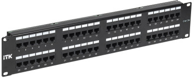 Коммутационная патч-панель ITK, 19", 2HU, портов: 48 х RJ45, кат. 5е, неэкр., порты в 2 ряда, цвет: чёрный, (PP48-2UC5EU-K05-G)