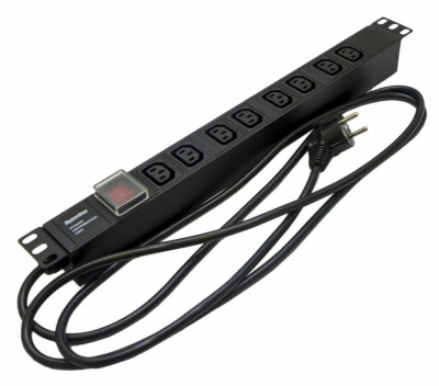 Блок силовых розеток Hyperline SHE19-(XX)IEC, горизонтальный, неуправляемый, IEC 60309 C13 х 8, вход Schuko, для шкафов, шнур 2,5 м, 1U, 44мм 10А, чёрный