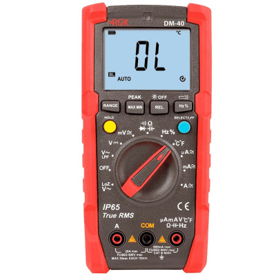 Мультиметр RGK, (DM-40 + поверка), электрический, с дисплеем, питание: батарейки, корпус: пластик, с датчиком температуры, (779661)